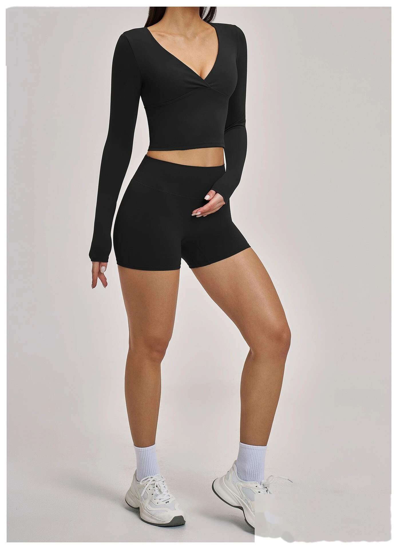 Women’s Custom Spring Summer High Stretch Slim Fit V-Neck Long Sleeve Yoga T-Shirt Fitness Workout Top detail