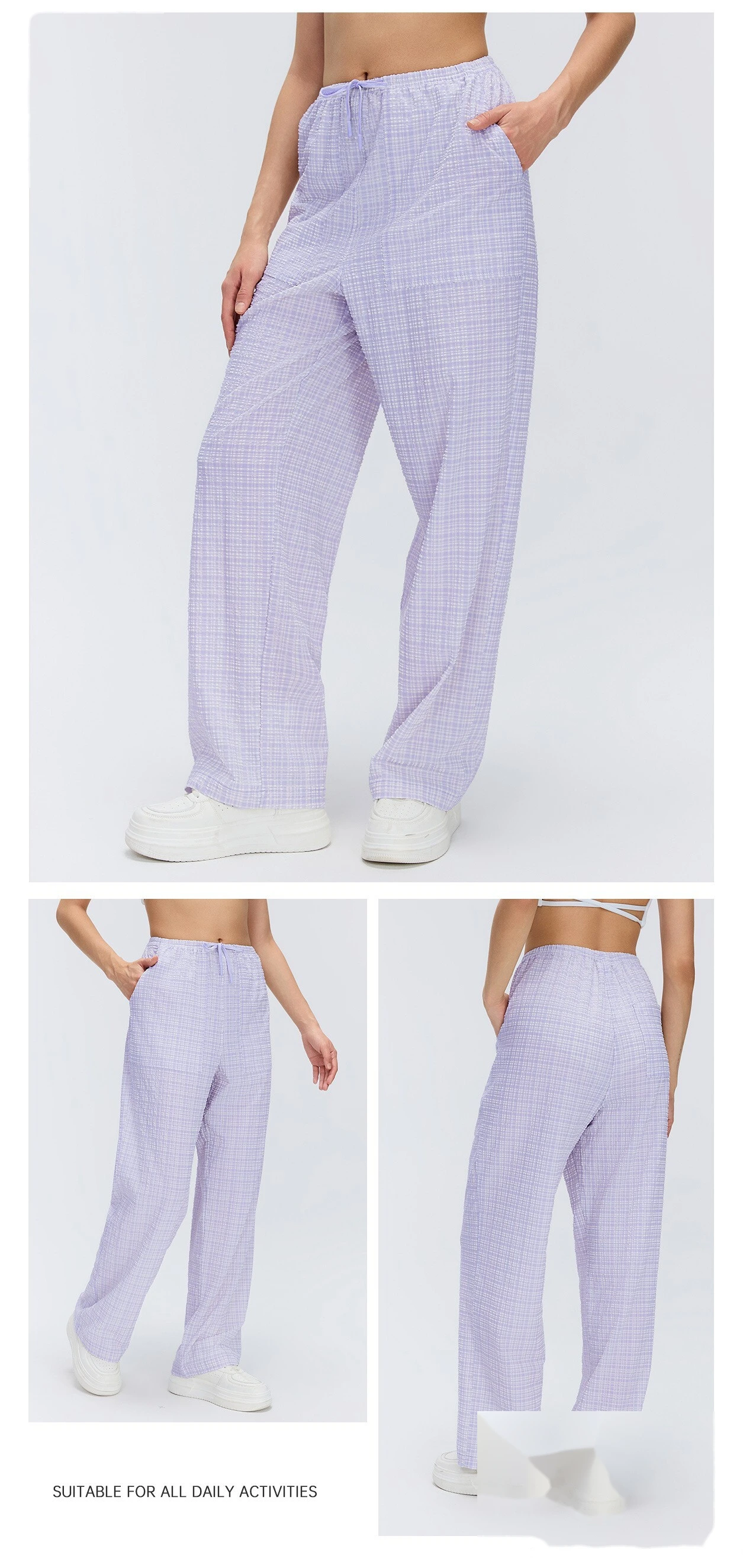 Women's Plaid Pattern Loose Slim Straight Long Pants Lightweight Casual Sports Trousers Custom detail