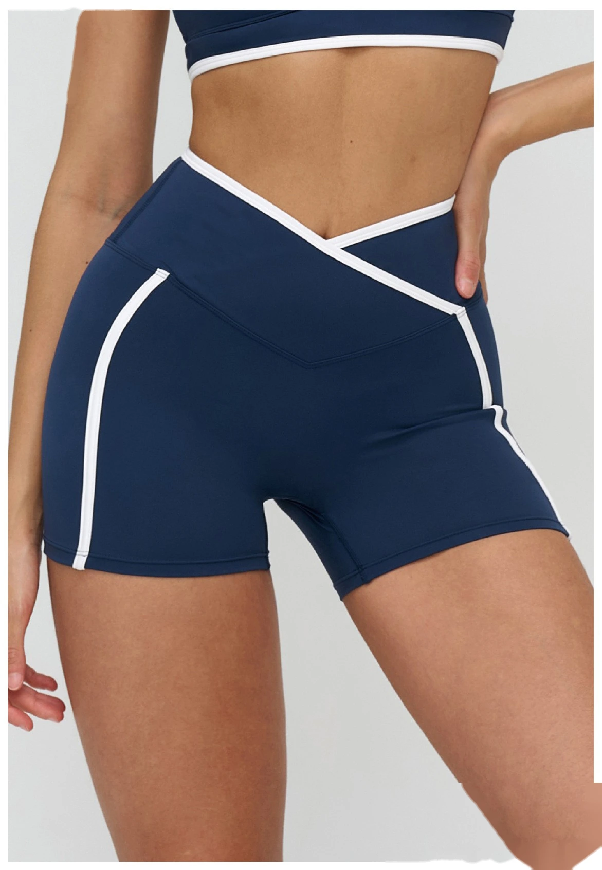 Custom Color Block Tight Workout Shorts - Buttery Soft Cross Waist Yoga Running Shorts detail
