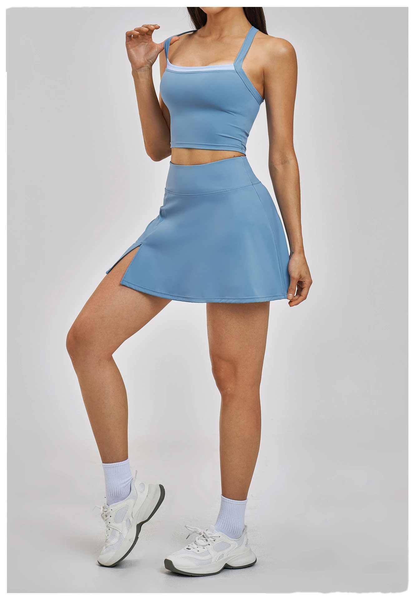 Women’s Fake Two-Piece Yoga Tank Top Set Crisscross Beauty Back Color Block Sports Shorts Active Wear detail