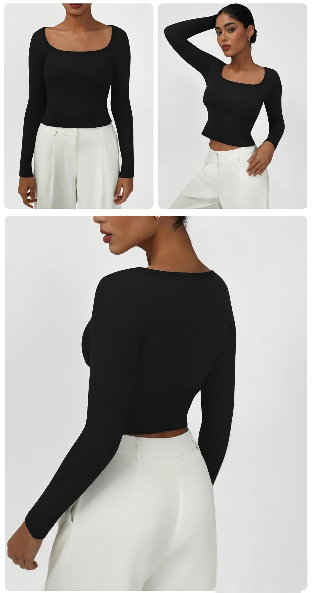 Customized high elastic tight T-shirt casual square collar sexy solid color long sleeve yoga sports shirt detail