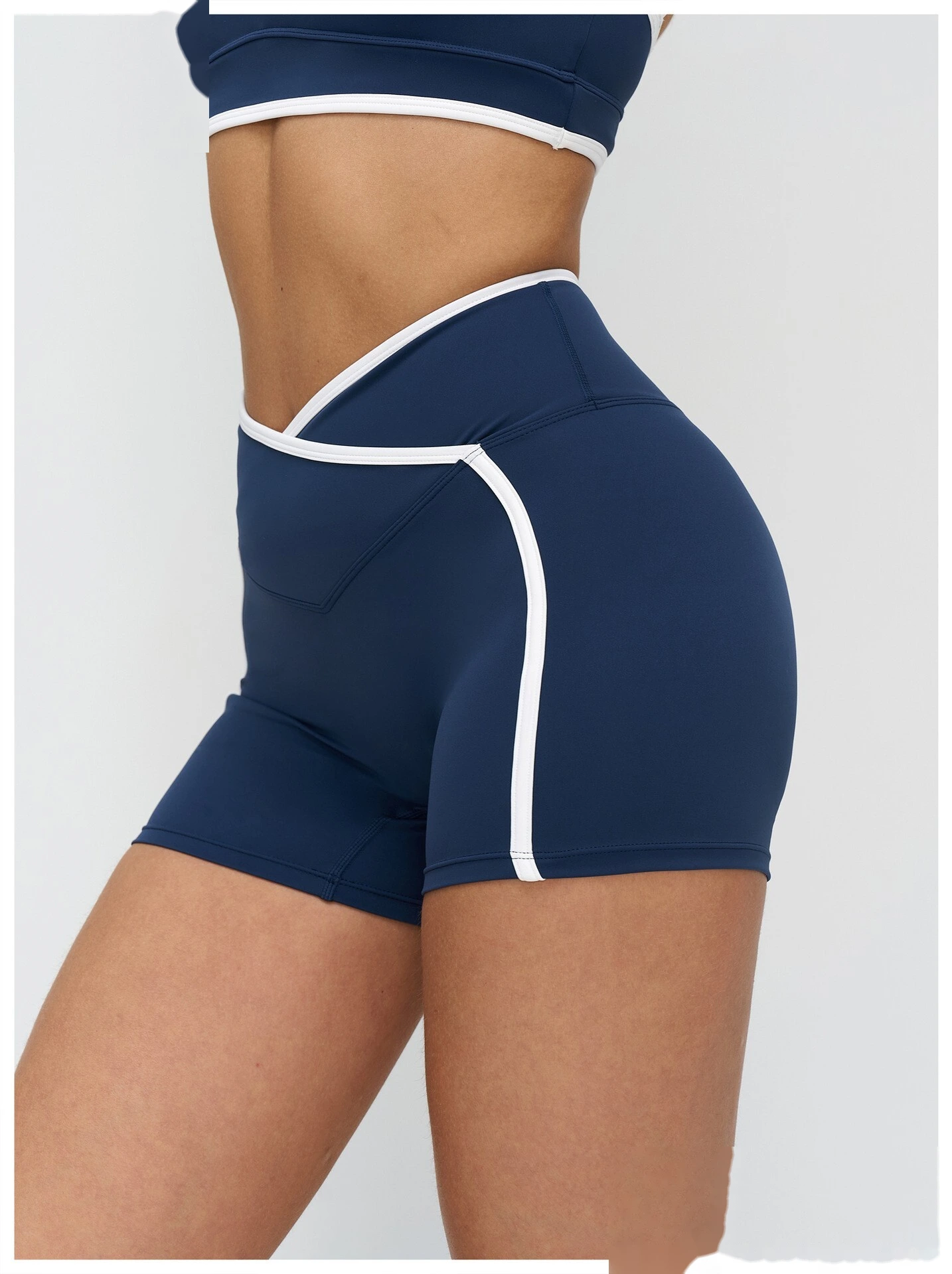 Custom Color Block Tight Workout Shorts - Buttery Soft Cross Waist Yoga Running Shorts detail