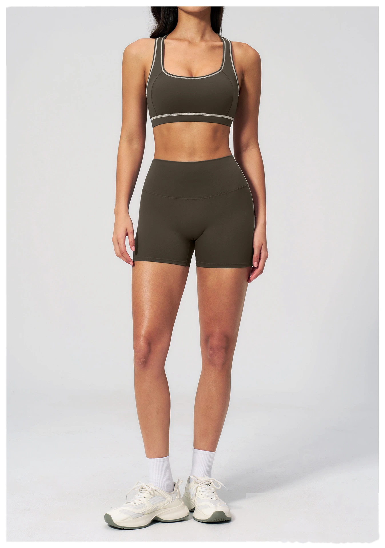 European American Style Color Block Yoga Bra & Hip Lifting Shorts Set, Women 2 Piece Fitness Activewear detail