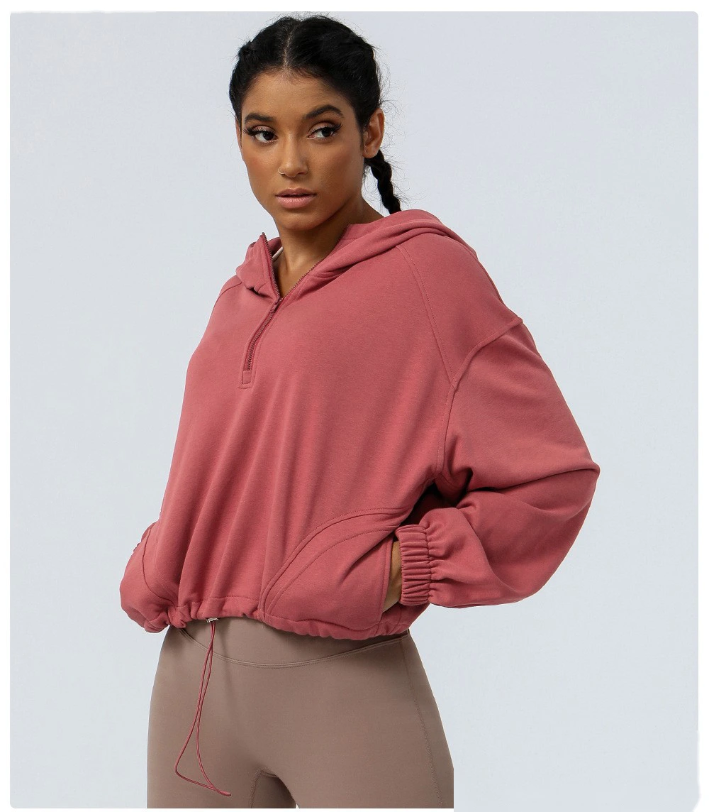 Custom hooded zipper loose yoga fitness jacket women's outdoor running coat long sleeve sweater detail