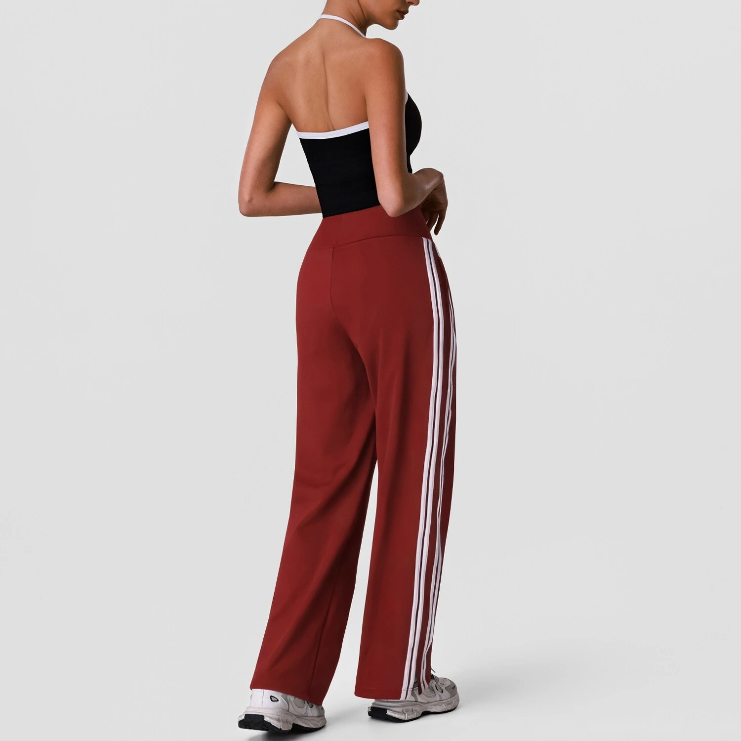 Halter Padded Sports Vest & Color Block Striped Wide Leg Pants Set for Women, Fitness Running Workout Suit detail