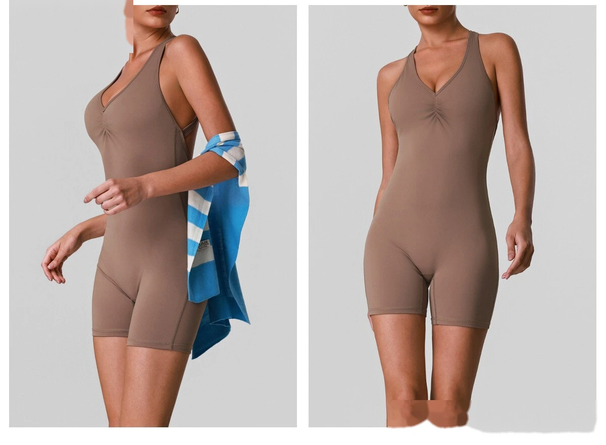 Custom Women’s Crisscross Beauty Back Yoga Romper V-Neck with Chest Pads High Stretch Fitness Short Jumpsuit detail