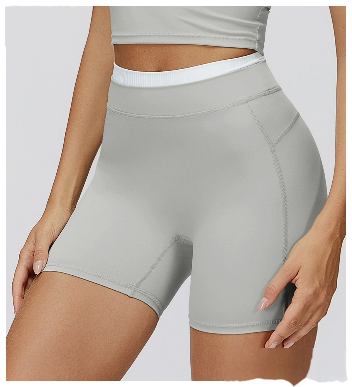 Customizable Naked-Feel Sports Shorts | Women's Contrast Ribbed High-Waist, Tight-Fit Yoga & Running Style detail