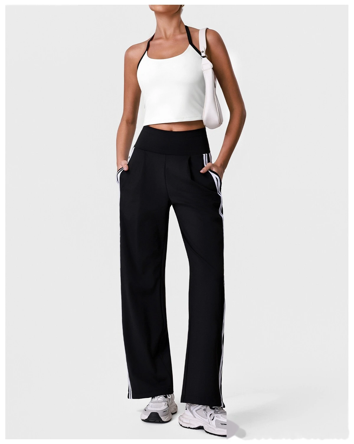 Halter Padded Sports Vest & Color Block Striped Wide Leg Pants Set for Women, Fitness Running Workout Suit detail