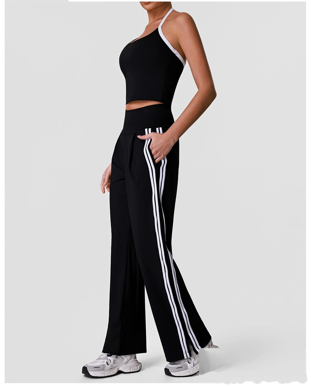 Halter Padded Sports Vest & Color Block Striped Wide Leg Pants Set for Women, Fitness Running Workout Suit detail