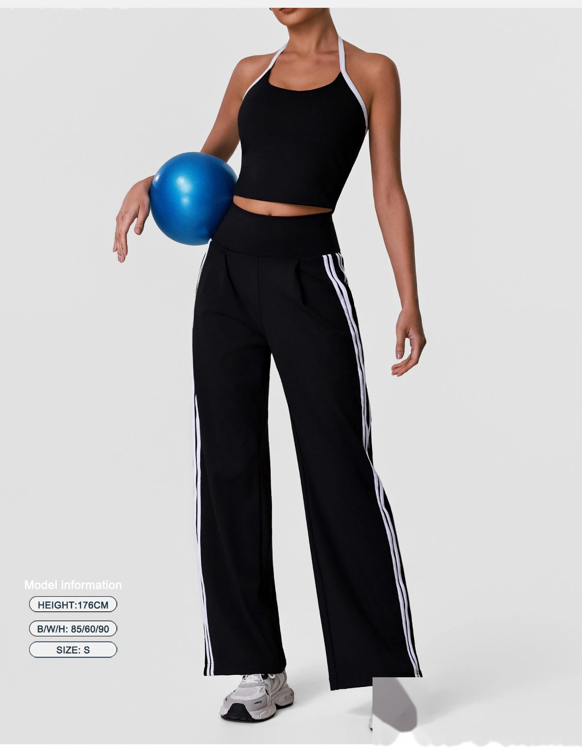 Halter Padded Sports Vest & Color Block Striped Wide Leg Pants Set for Women, Fitness Running Workout Suit detail