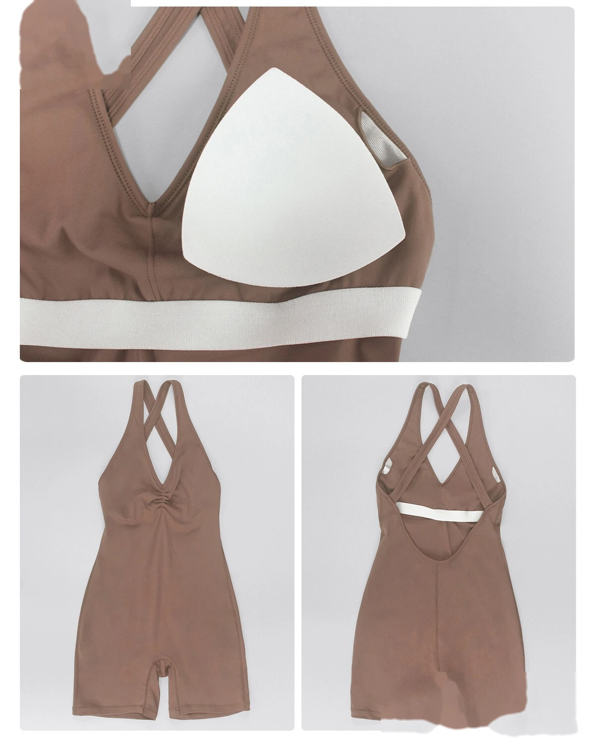 Custom Women’s Crisscross Beauty Back Yoga Romper V-Neck with Chest Pads High Stretch Fitness Short Jumpsuit detail