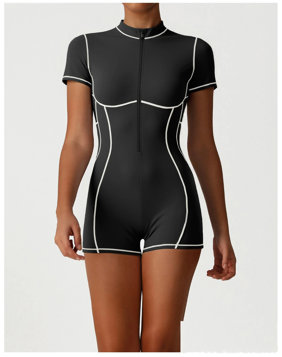 Custom Contrast Color Open Back Yoga Romper - Butt Lifting Training Fitness Short Sleeve Bodysuit detail