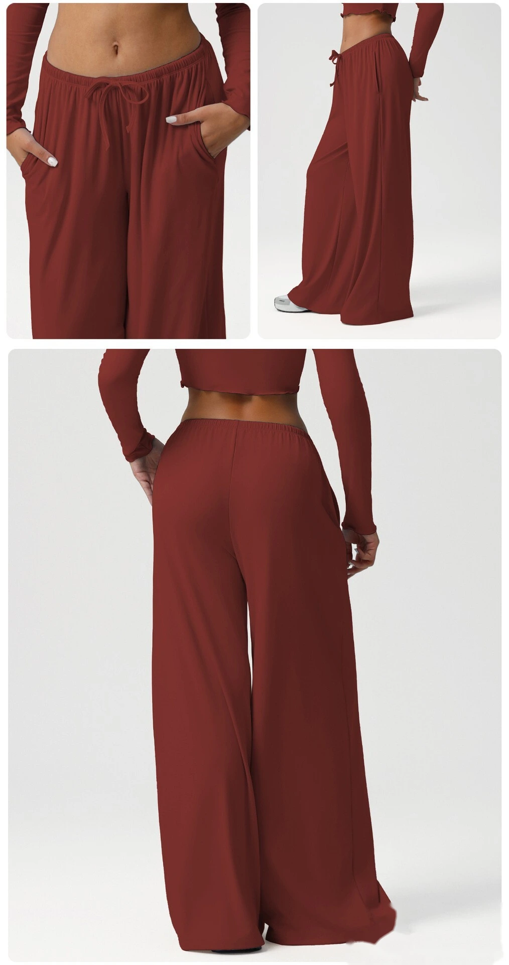 Custom wide-leg women's sweatpants loose low waist fitness pants elastic leisure yoga belt pocket detail