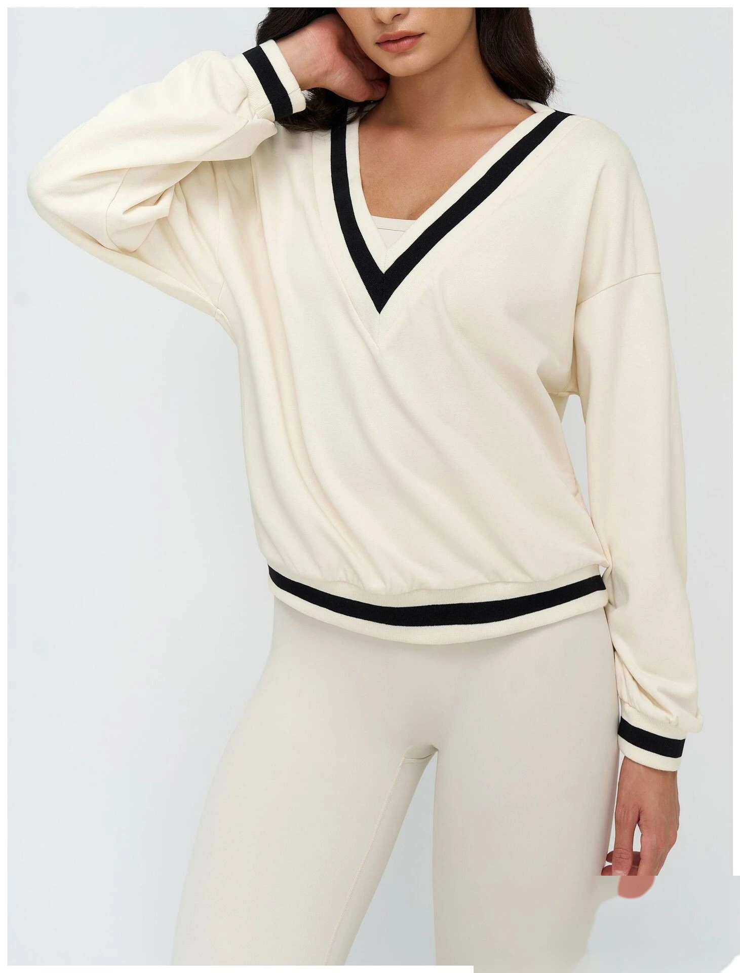 Bulk Custom V-Neck Casual Hoodie - Color Block Loose Fit Outdoor Sports Running Sweatshirt detail