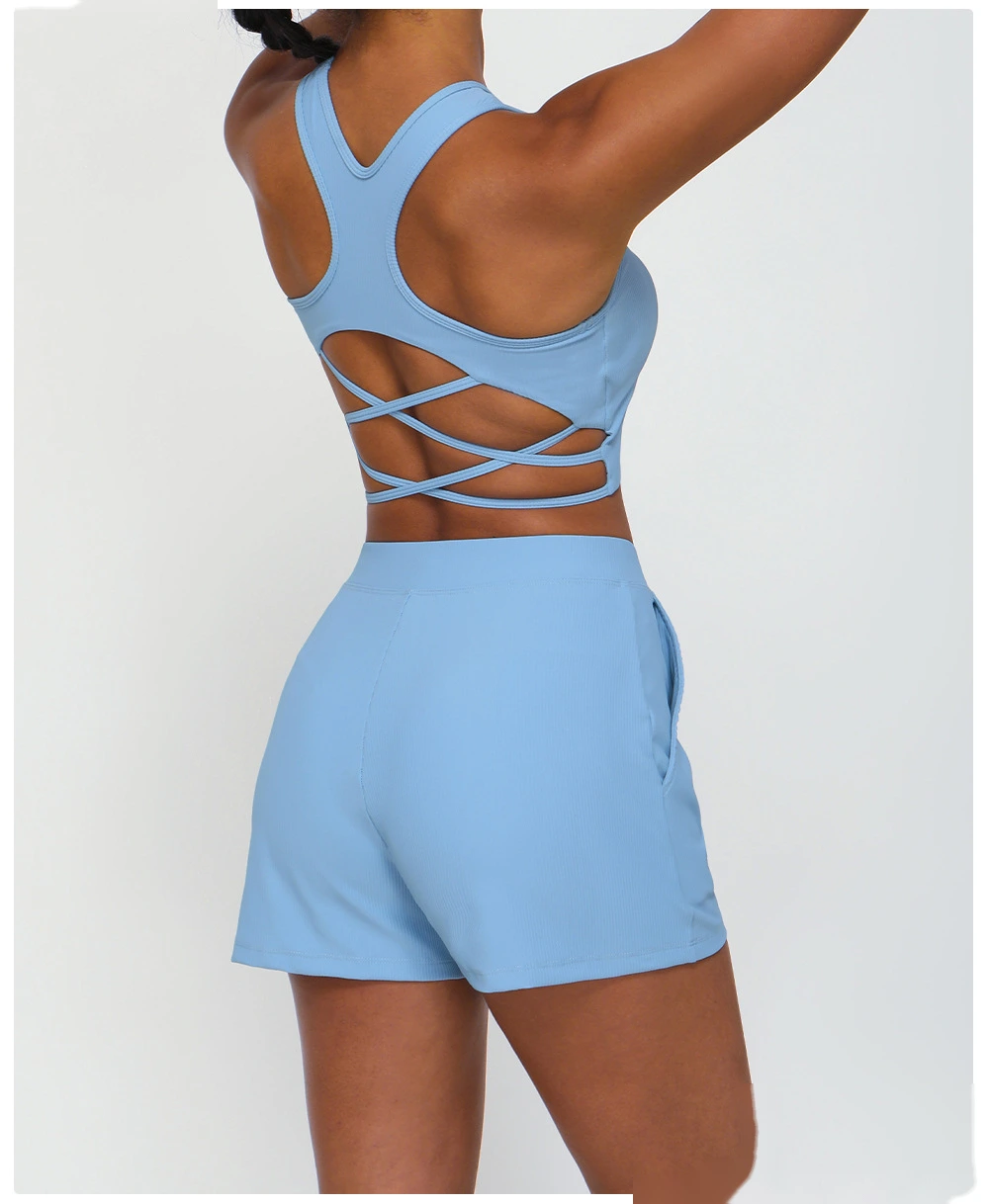Customized rib loose casual shorts women's drawstring quick-drying yoga shorts pocket high elastic sports pants detail