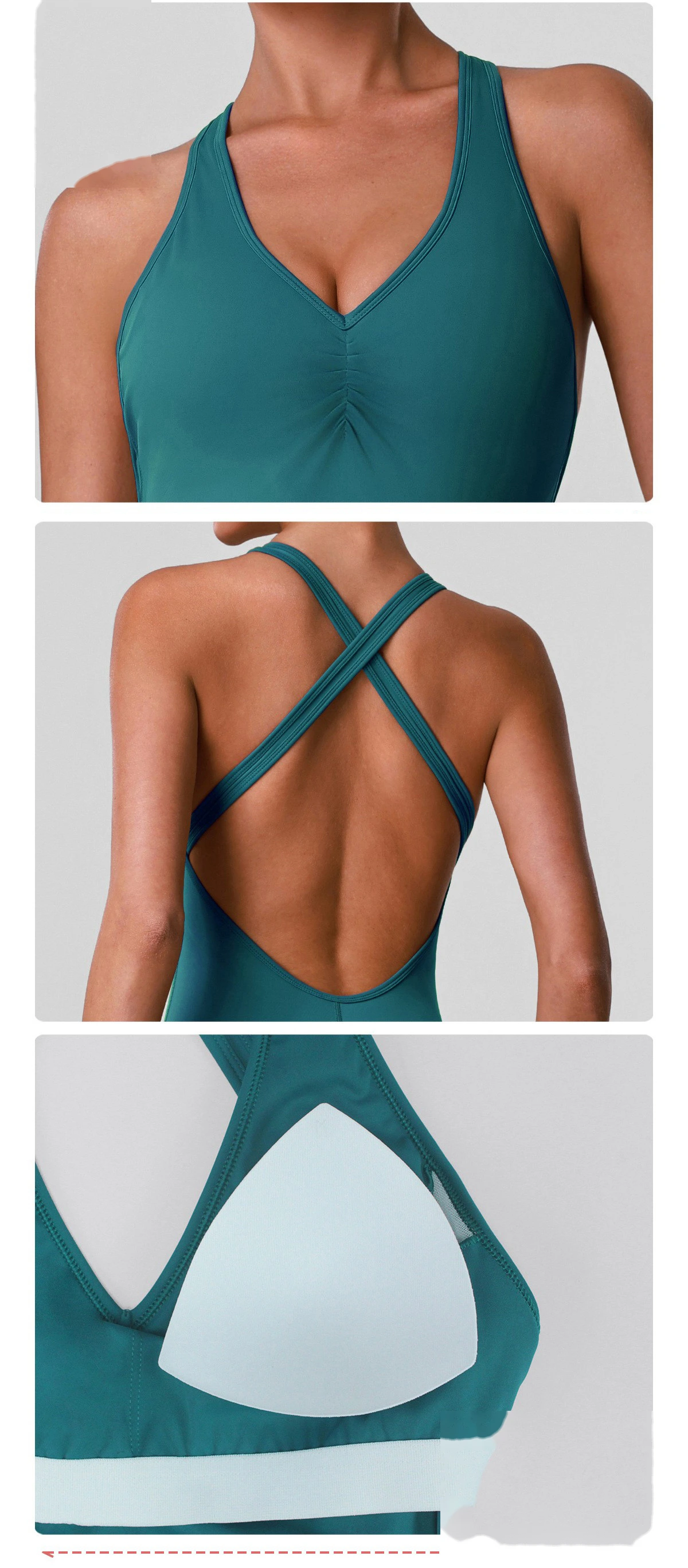 Custom Women’s Crisscross Beauty Back Yoga Romper V-Neck with Chest Pads High Stretch Fitness Short Jumpsuit detail