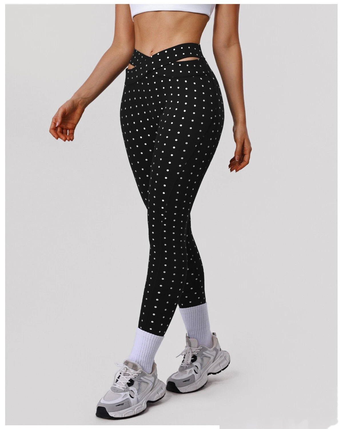 Bulk Custom Polka Dot Yoga Leggings - Women's High-Waisted Cross Cutout Butt-Lifting Sports Pants detail