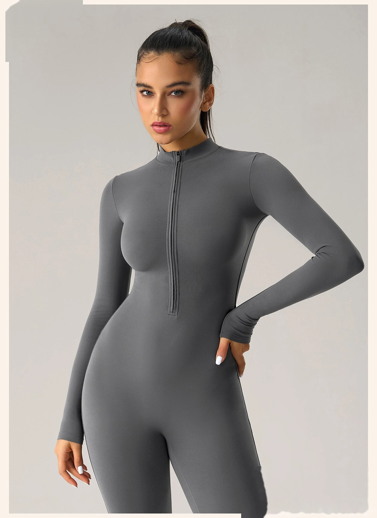 Women’s High Stretch Long Sleeve Half Zip Fitness Jumpsuit Slim Fit Butt Lifting Yoga Workout Bodysuit detail