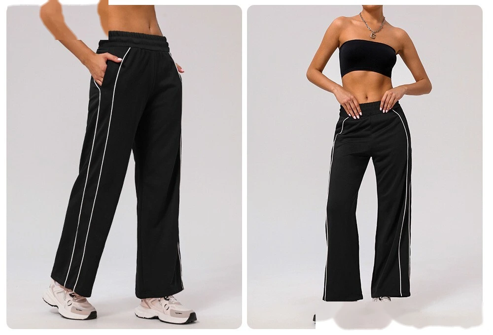 Custom leisure sports pants contrast American loose straight pants women's pocket yoga hip fitness wide-leg pants detail