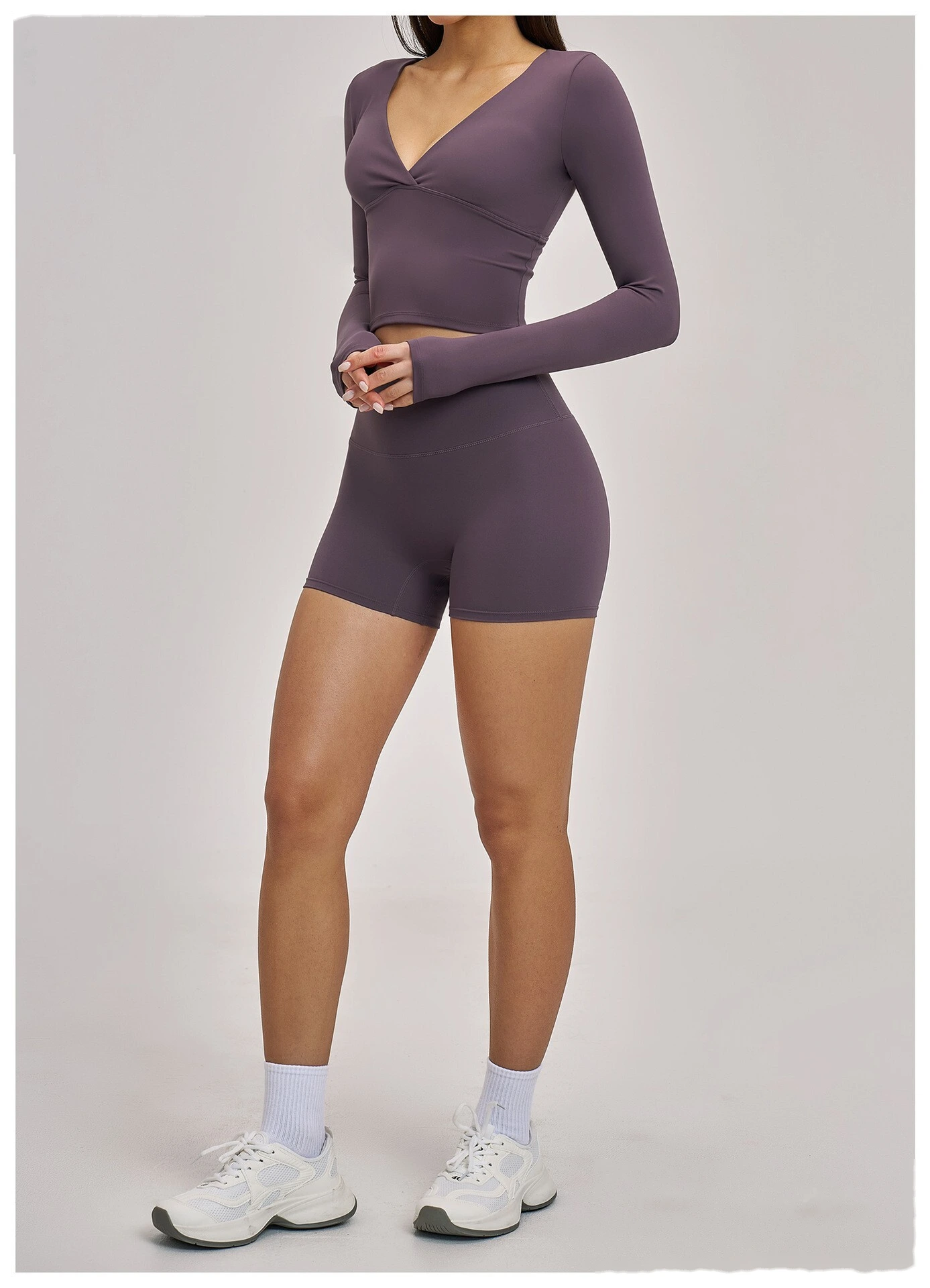 Women’s Custom Spring Summer High Stretch Slim Fit V-Neck Long Sleeve Yoga T-Shirt Fitness Workout Top detail