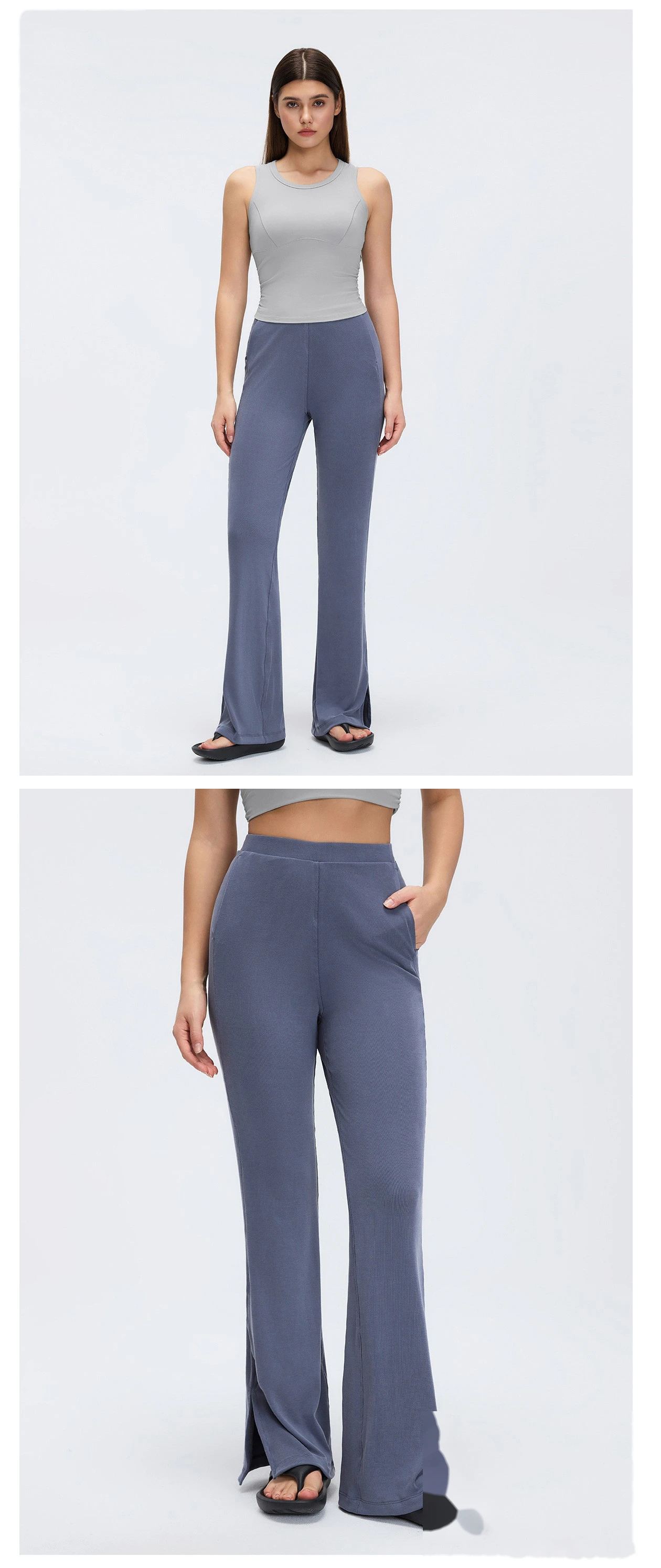 Custom Split Hem Yoga Pants - Women's Sand-Washed Ribbed Wide-Leg Flared Slimming Sports Pants detail