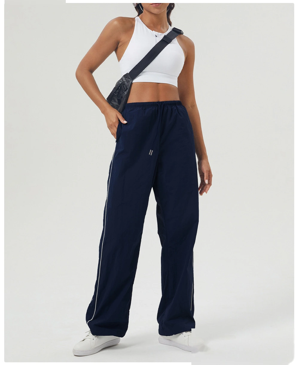 Custom contrast casual overalls drawstring pocket sports pants loose straight pants fitness pants detail
