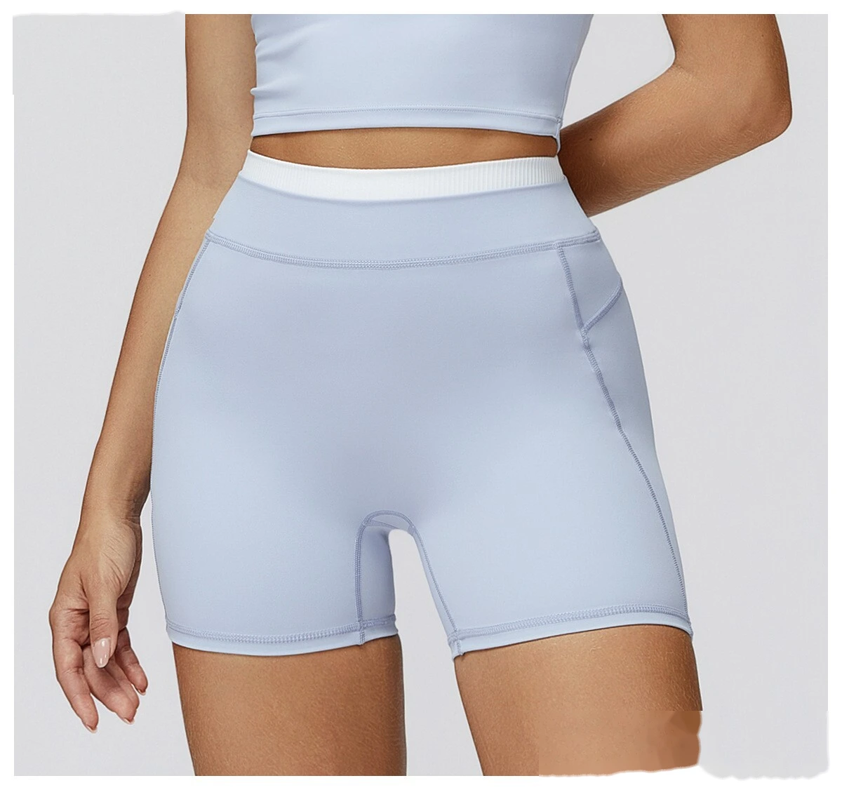 Customizable Naked-Feel Sports Shorts | Women's Contrast Ribbed High-Waist, Tight-Fit Yoga & Running Style detail