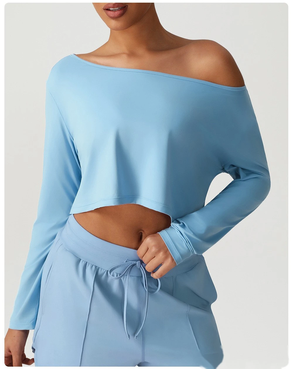 Customized diagonal shoulder long sleeve sports and leisure top high elastic loose T-shirt yoga fitness suit detail