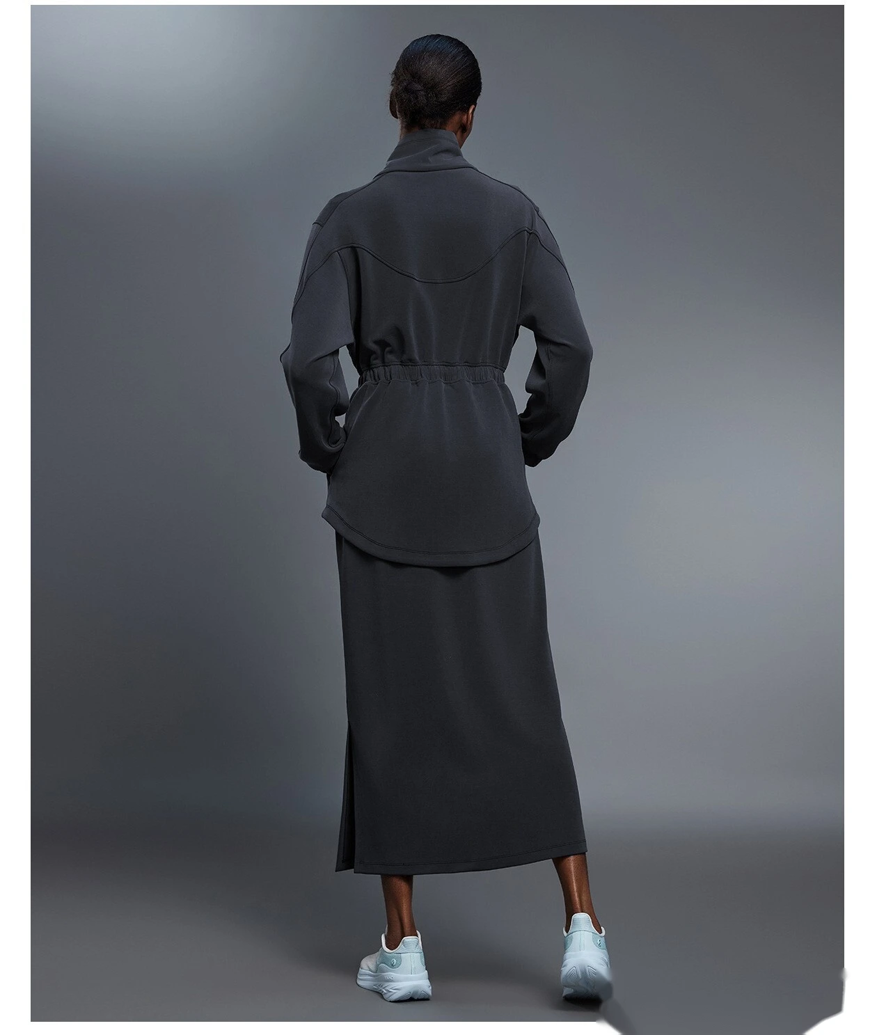Custom-made long coat women's drawstring waist jacket leisure commuter sports windbreaker detail