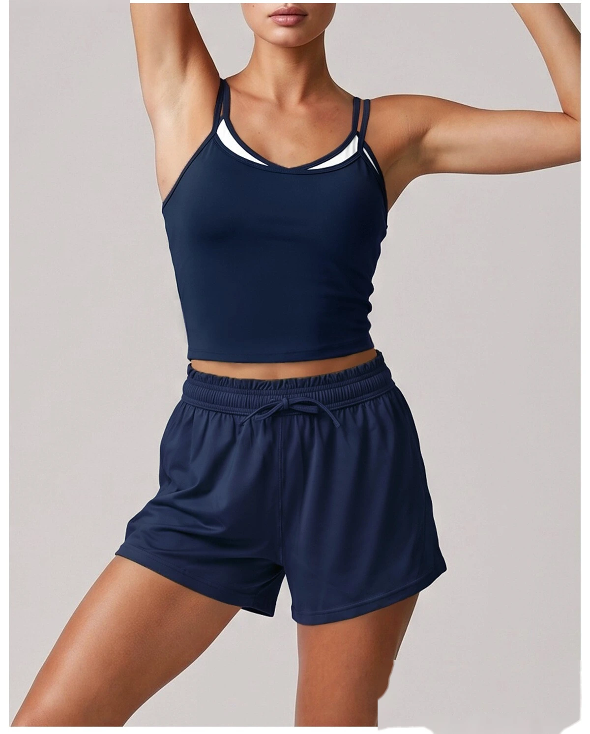 Women Summer Activewear Set, Sleeveless Yoga Top + Knit Tennis Shorts, Breathable Workout Suit for Training detail