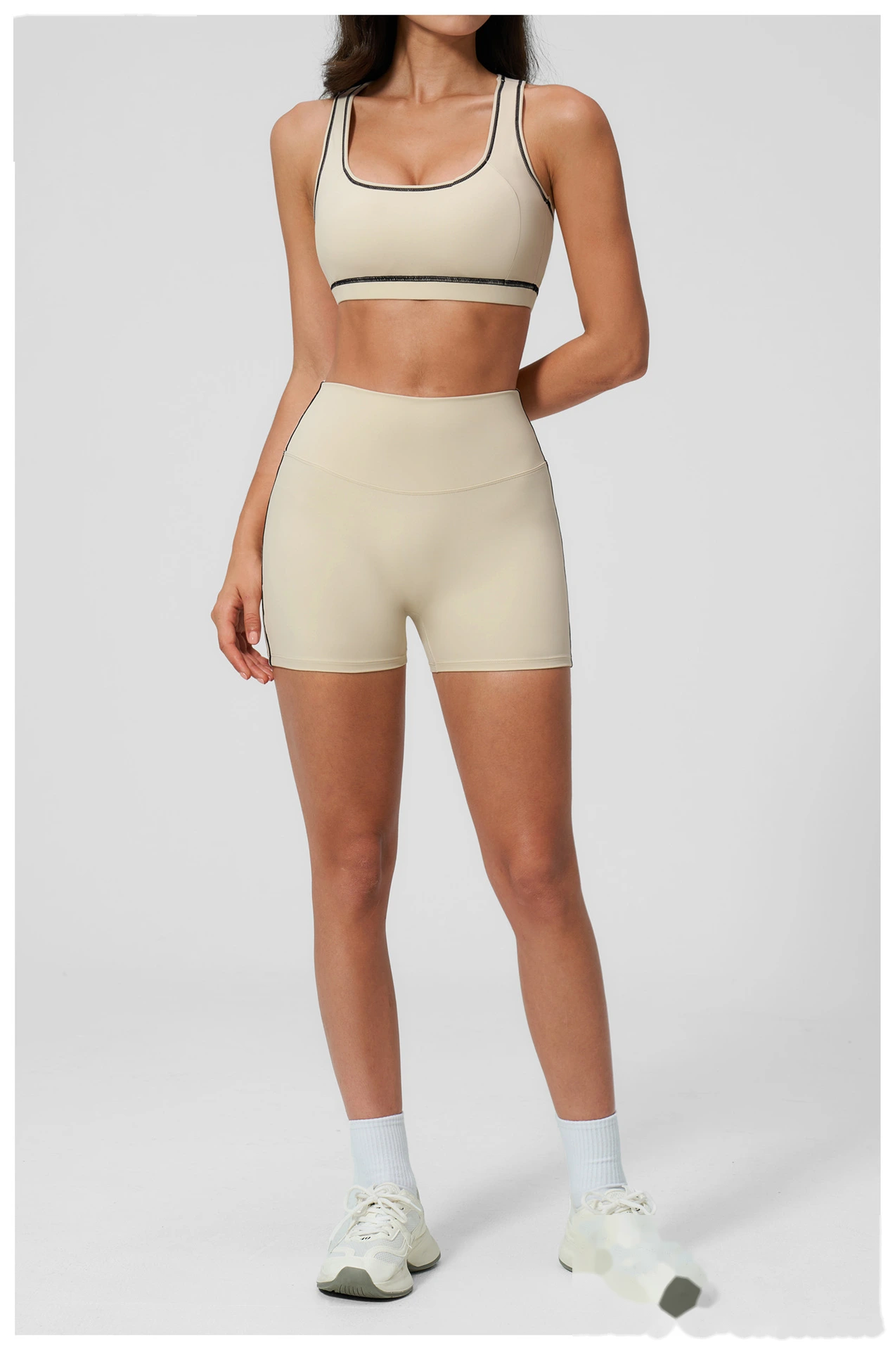 European American Style Color Block Yoga Bra & Hip Lifting Shorts Set, Women 2 Piece Fitness Activewear detail
