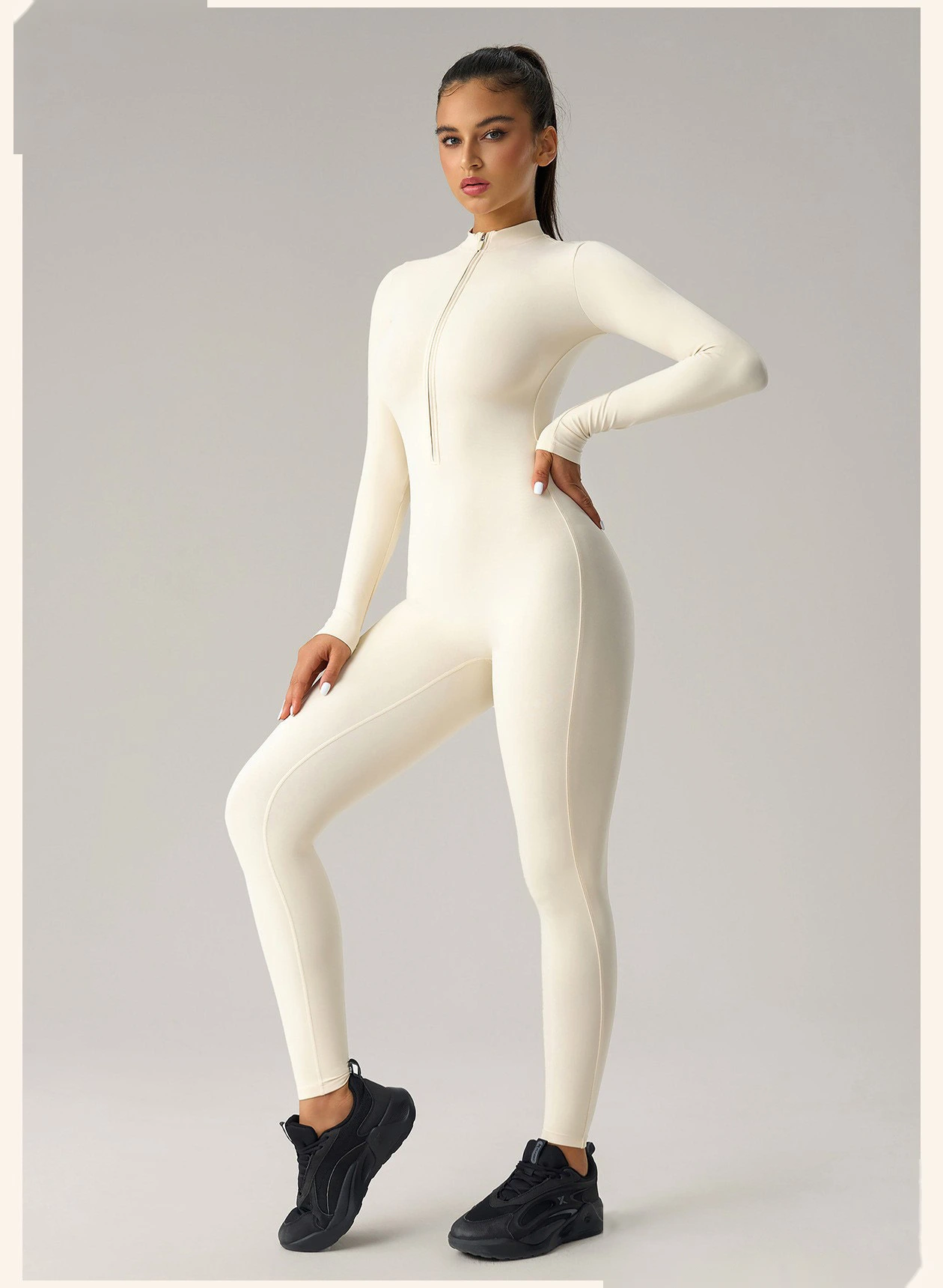 Women’s High Stretch Long Sleeve Half Zip Fitness Jumpsuit Slim Fit Butt Lifting Yoga Workout Bodysuit detail