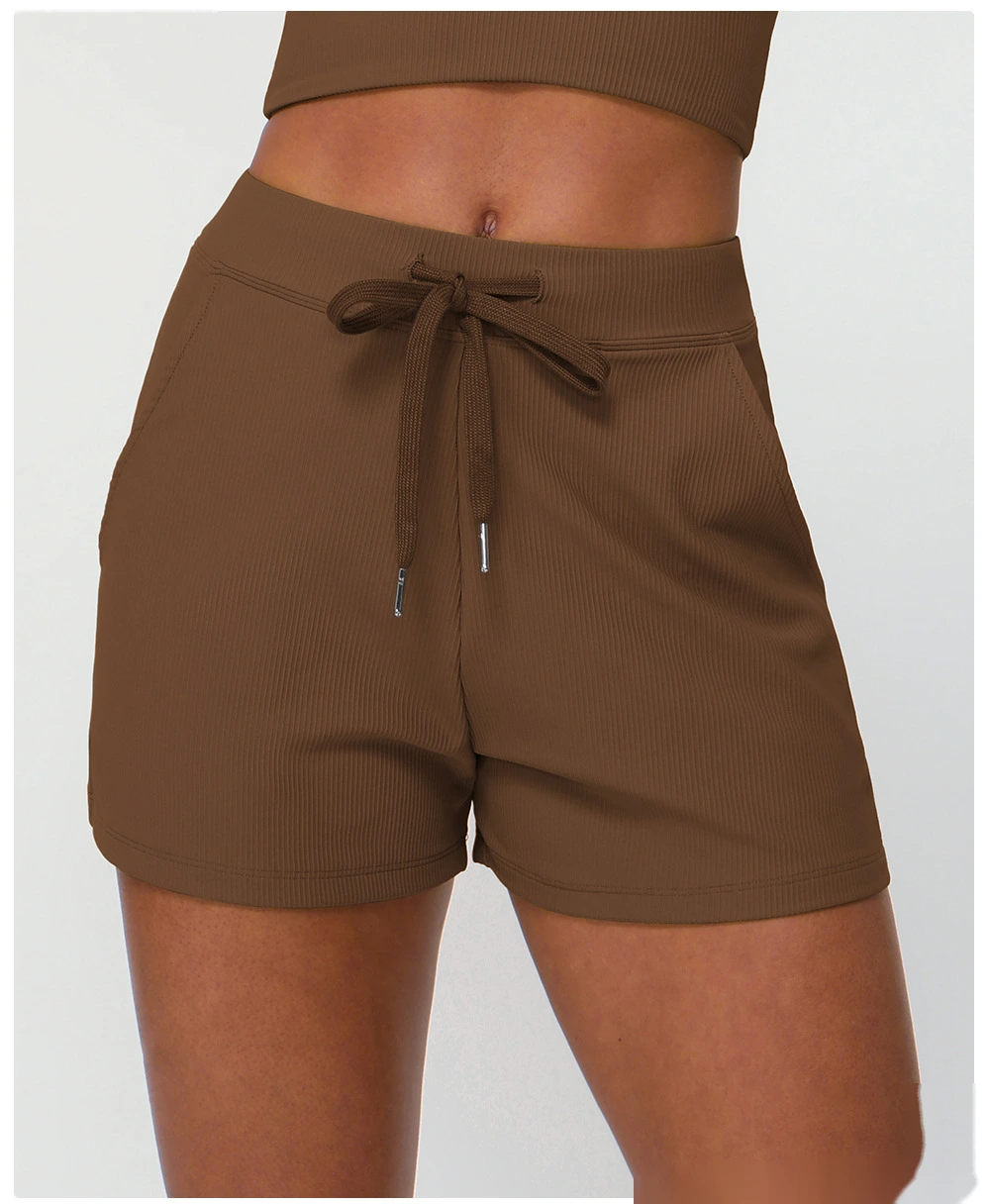 Customized rib loose casual shorts women's drawstring quick-drying yoga shorts pocket high elastic sports pants detail