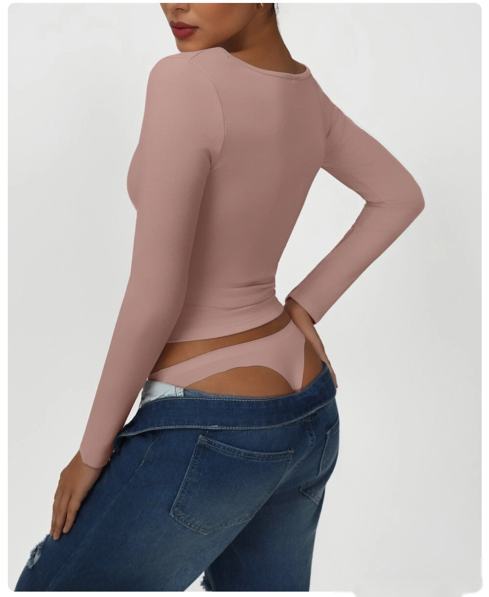 Customized high elastic tight T-shirt casual square collar sexy solid color long sleeve yoga sports shirt detail