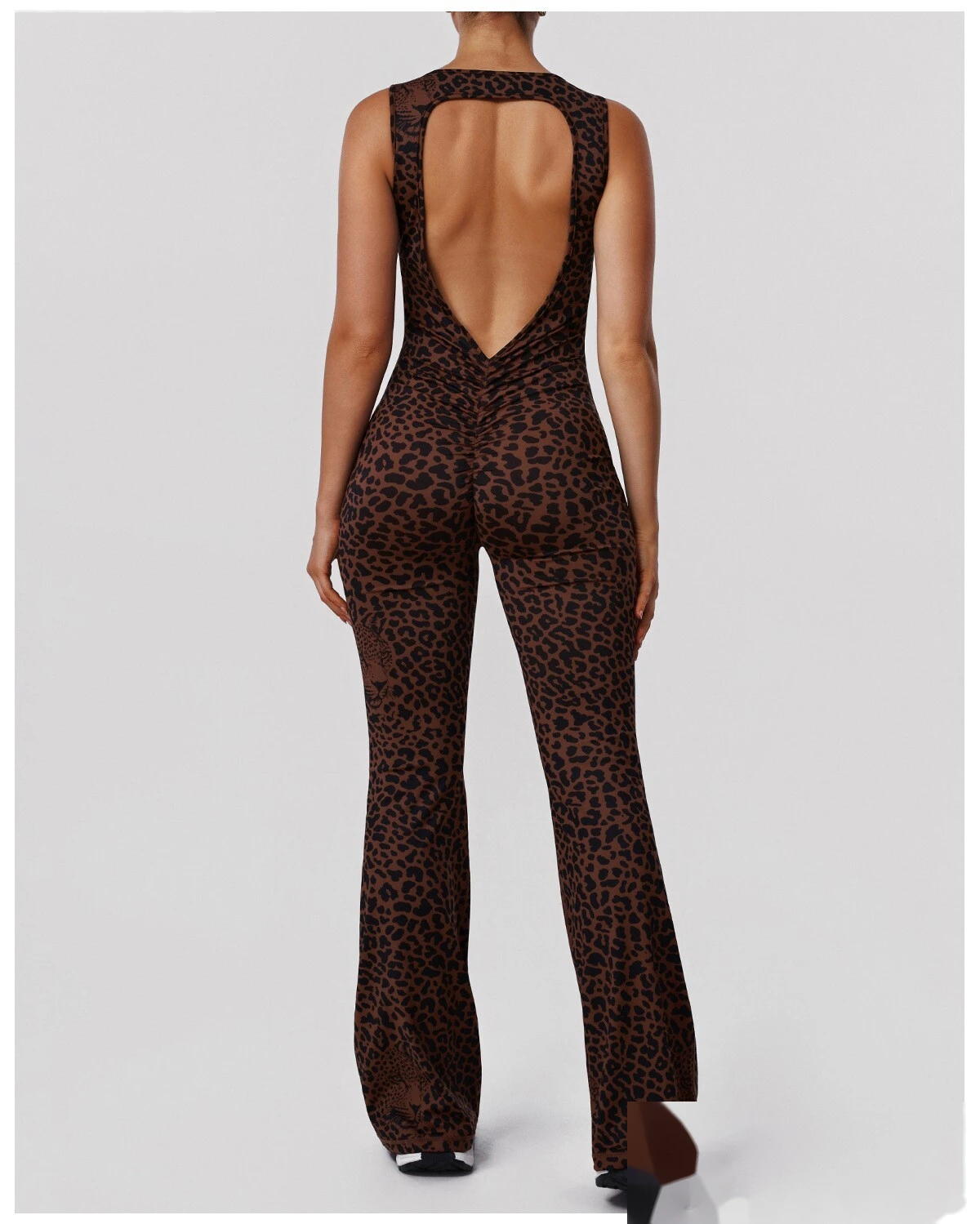Custom Leopard Print Yoga Bodysuit - Women's Open Back Flared Butt-Lifting Sexy Casual Sports Jumpsuit detail