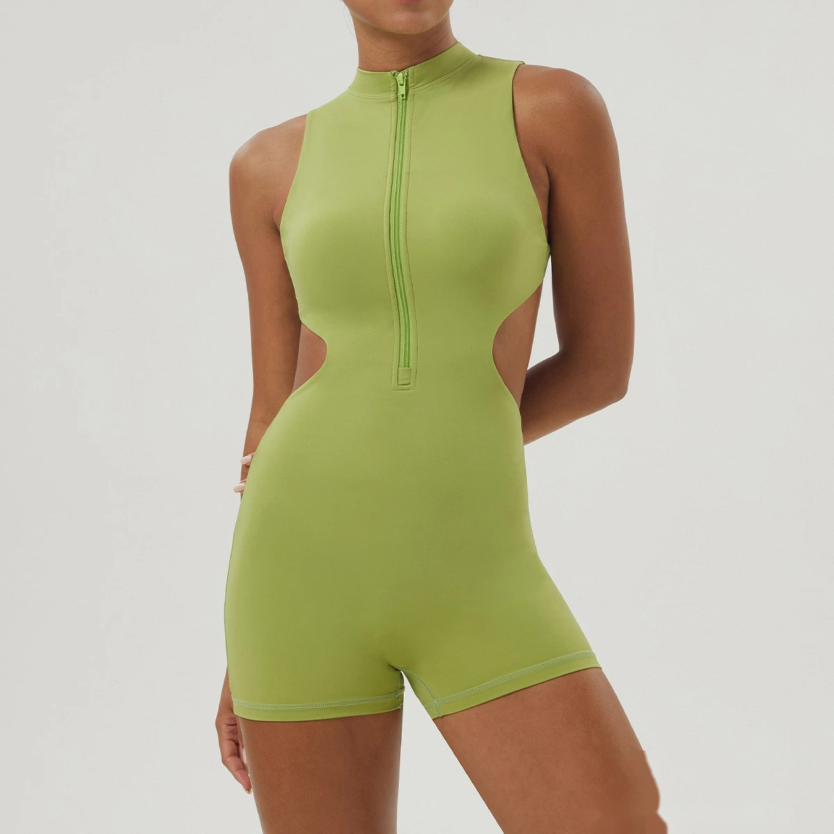 Customized sexy yoga jumpsuit shaping slim zipper stand collar sports jumpsuit shorts fitness suit detail
