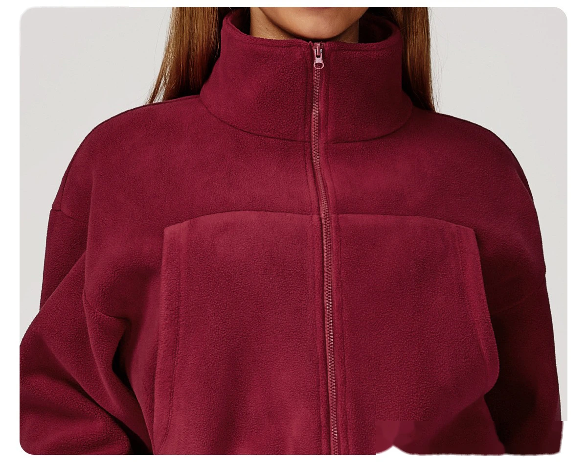 Customized Stand-Collar Windproof Warm Polar Fleece Drawstring Jacket - Women’s Fleece-Lined Athletic Sweatshirt detail