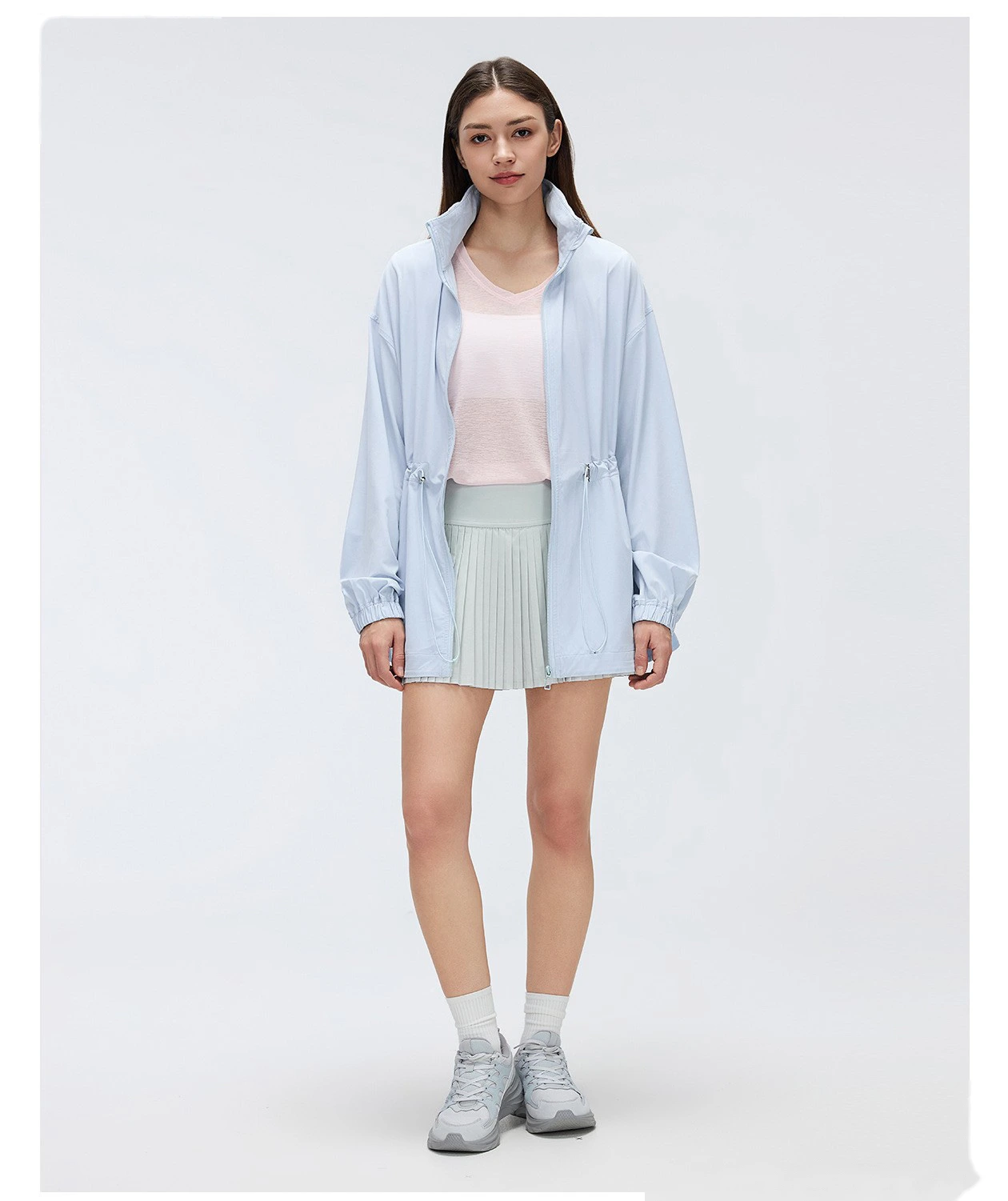 Women’s Custom Packable Hooded Stand Collar Sports Jacket Drawstring Waist Slim Fit Mid Length Zip Up Jacket detail