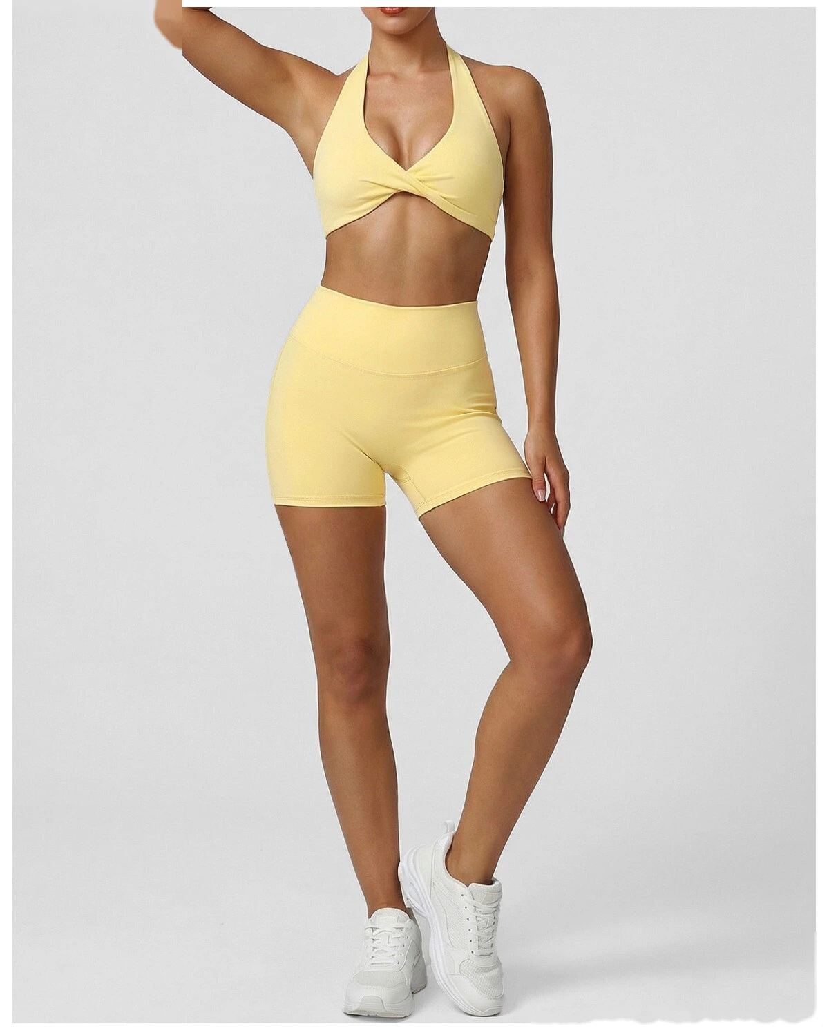 New Summer Women's Active Set, Halter Beauty Back Sports Bra with High Waist Tummy Control Workout Shorts detail