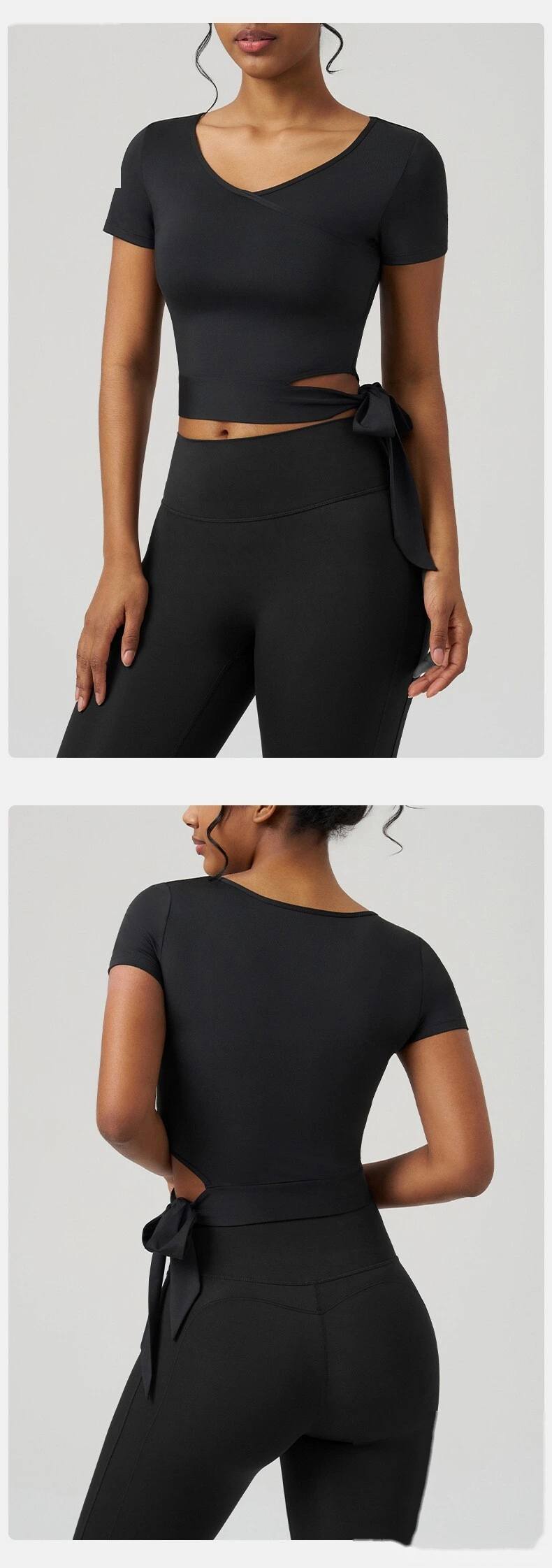 Customized yoga clothes short-sleeved women's V-neck quick-drying and cool sense sports coat side waist strap fitness detail