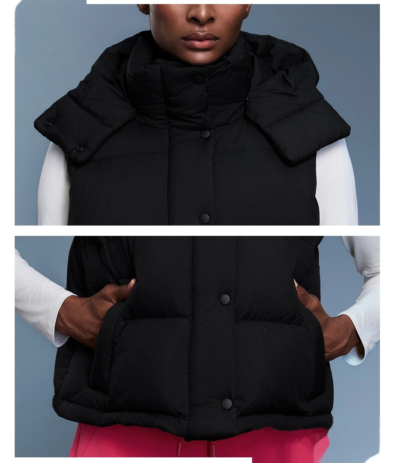 Custom windproof and warm hooded down vest jacket for women in winter. detail