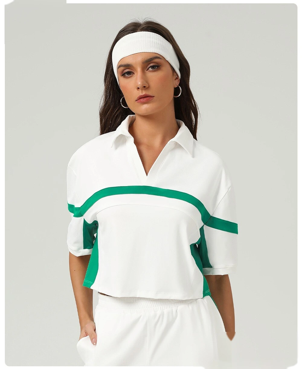 Fashion sports tennis short-sleeved shirt contrast color polo collar loose casual T-shirt quick-drying fitness yoga detail