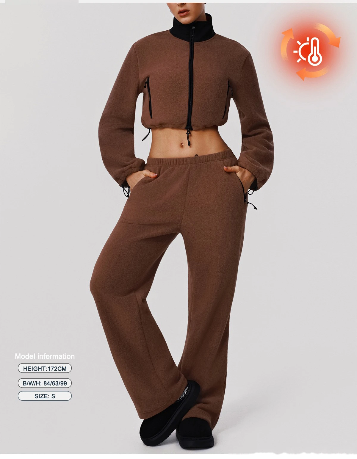 Custom Fleece Lounge Set - Women's Winter Warm Stand Collar Jacket & Wide-Leg Pants Sports Suit detail