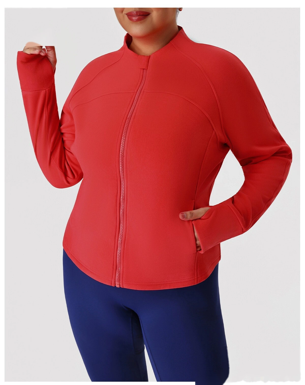 Custom Plus Size Slimming Fleece Sports Jacket for Women - Warm Figure-Hiding Stand Collar Plush Yoga Outerwear detail